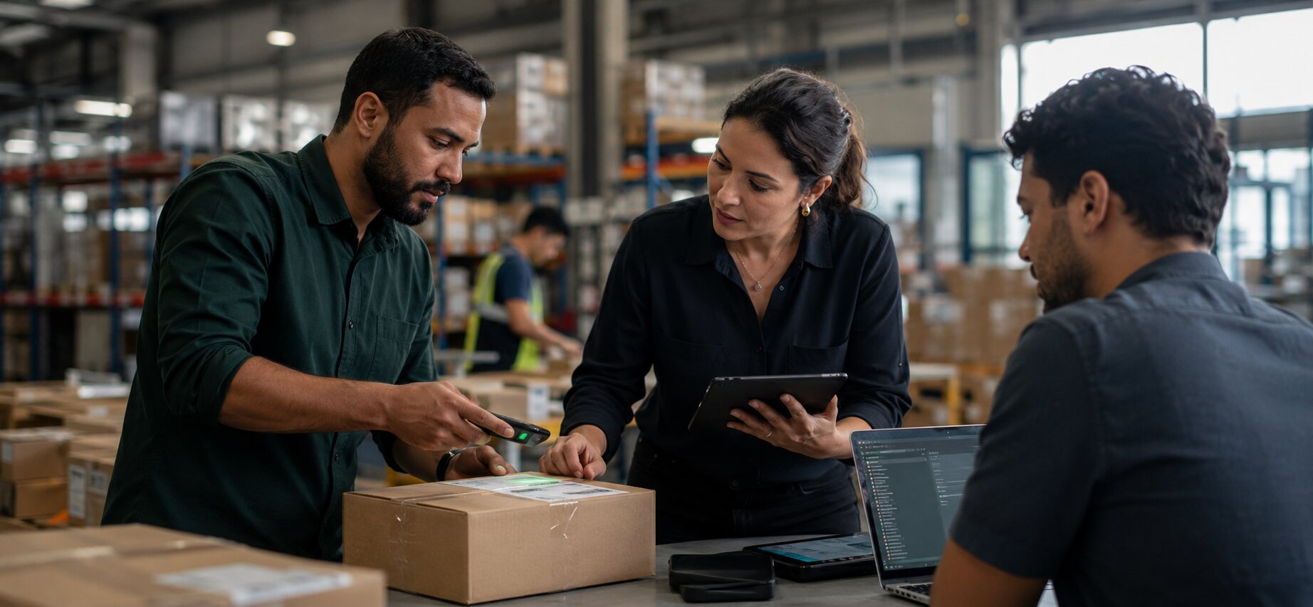 Equipe usando tecnologia em uma operação logística